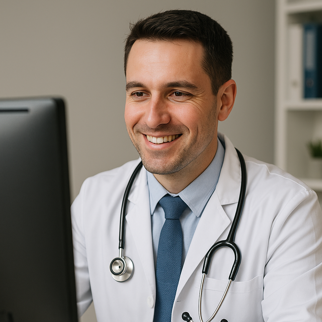 Doctor Smiling at Automated Clinical Notes